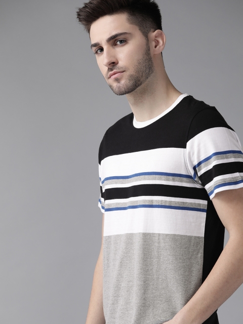 

The Roadster Lifestyle Co Men Grey Melange & Black Striped Cotton T-shirt