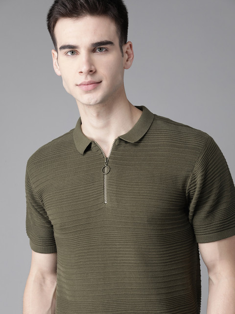 

Roadster Men Olive Green Self Design Polo Collar Pure Cotton T-shirt