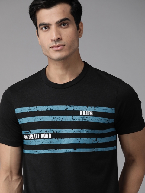 

The Roadster Lifestyle Co Men Black & Blue Striped Cotton Round Neck T-shirt
