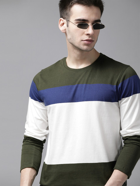 

Roadster Men White & Olive Green Cotton Colourblocked Round Neck T-shirt