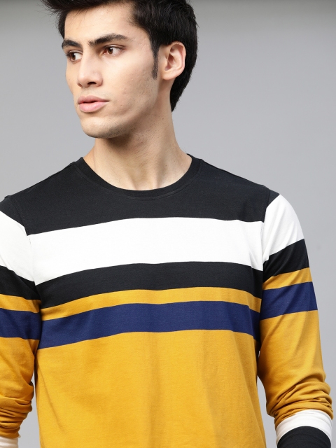 

The Roadster Lifestyle Co Men Mustard Yellow Black Striped Pure Cotton T-shirt