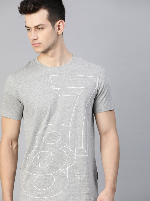 

The Roadster Lifestyle Co Men Grey Melange & White Typography Printed Pure Cotton T-shirt