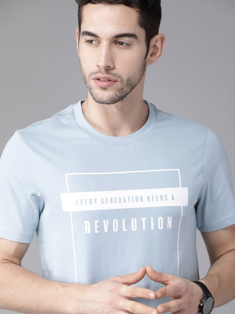 

Roadster Men Blue & White Pure Cotton Printed Round Neck T-shirt