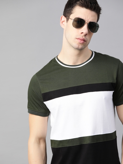 

Roadster Men Olive Green & White Colourblocked Cotton T-shirt