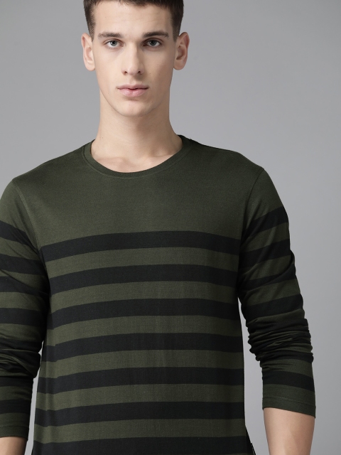 

Roadster Men Olive Green & Black Pure Cotton Striped Round Neck T-shirt