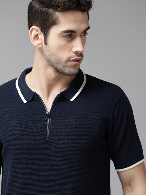

The Roadster Lifestyle Co Men Navy Blue Self Design Polo Collar T-shirt