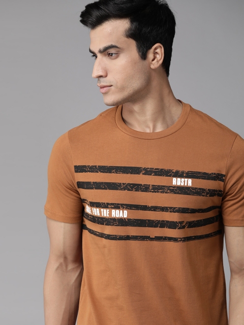 

Roadster Men Brown & Black Striped Cotton Round Neck T-shirt