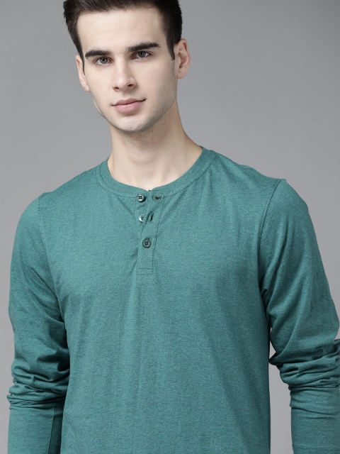 

The Roadster Lifestyle Co Men Green Solid Pure Cotton Henley Neck Pure Cotton T-shirt