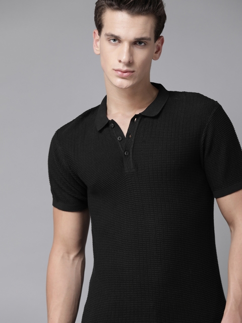 

The Roadster Lifestyle Co Men Black Self Design Pure Cotton Polo Collar T-shirt
