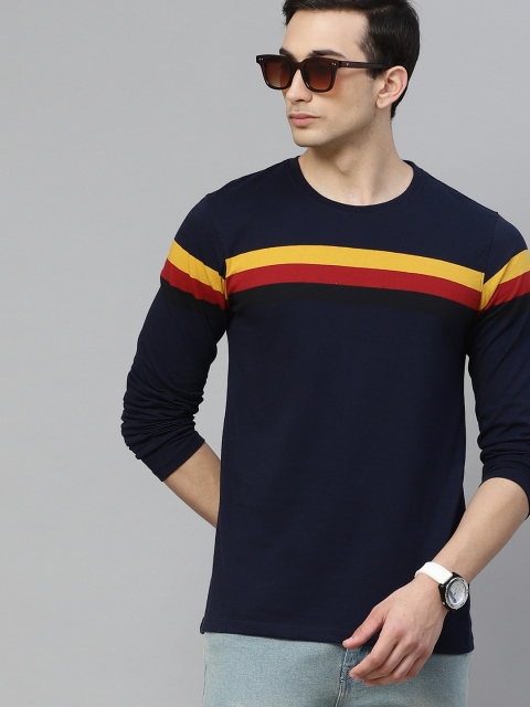 

Roadster Men Navy Blue & Yellow Pure Cotton Striped Round Neck T-shirt
