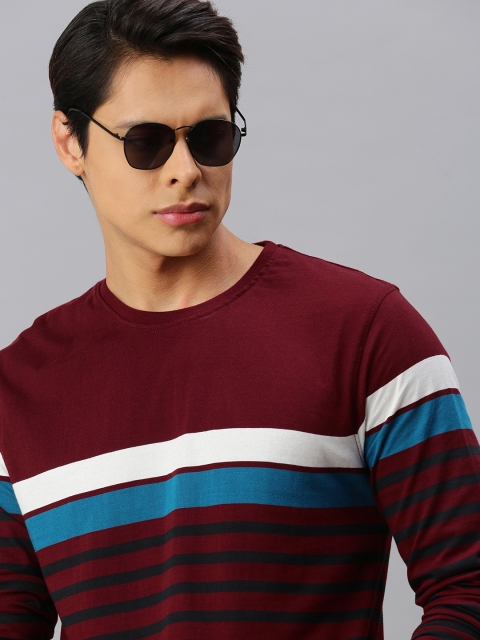 

Roadster Men Maroon & Blue Striped Pure Cotton T-shirt