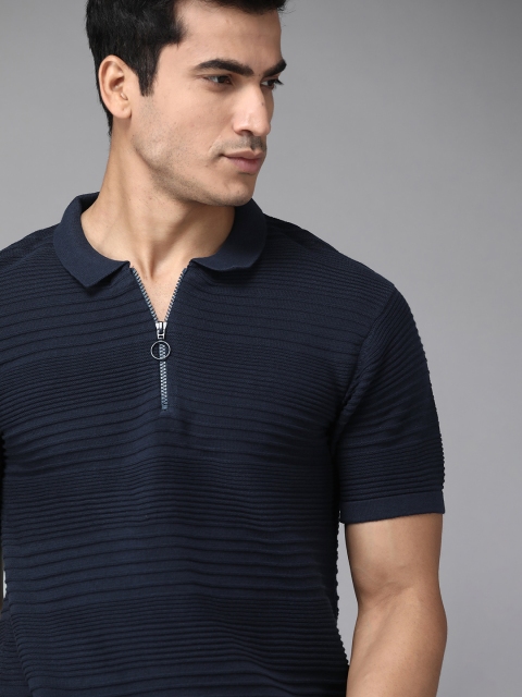 

Roadster Men Navy Blue Self-Striped Pure Cotton Polo Collar Pure Cotton T-shirt