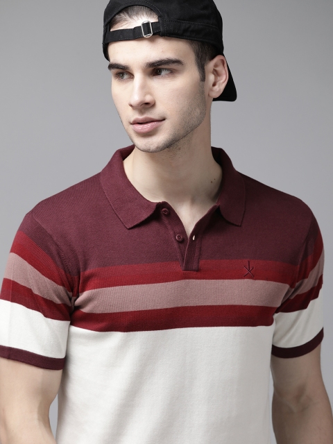 

The Roadster Lifestyle Co Men Burgundy Pure Cotton Striped Polo Collar Pure Cotton T-shirt