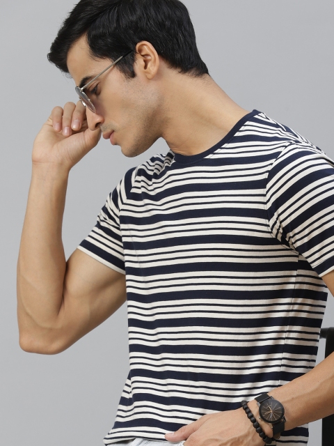 

Roadster Men White & Navy Blue Pure Cotton Striped T-shirt