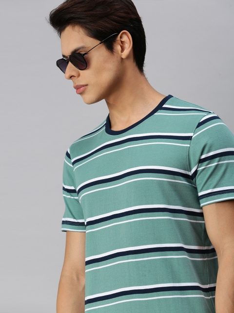 

The Roadster Lifestyle Co Men Green Blue Striped Pure Cotton T-shirt
