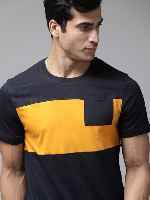 

Roadster Men Navy Blue Mustard Yellow Colourblocked Round Neck Pure Cotton T-shirt