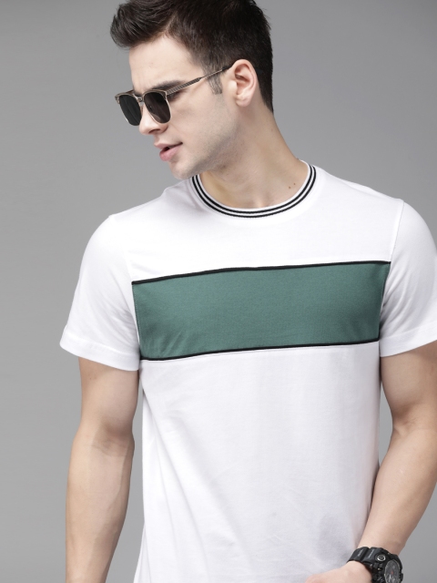 

Roadster Men White & Green Pure Cotton Colourblocked Round Neck T-shirt