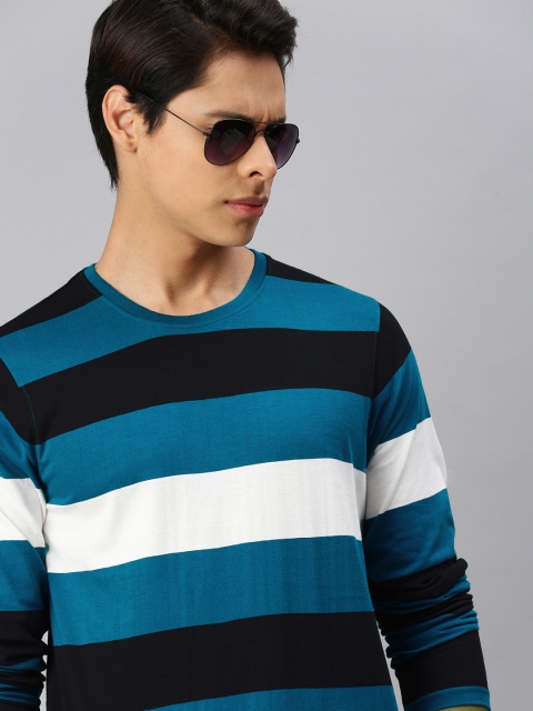 

The Roadster Lifestyle Co Men Blue Black Striped Pure Cotton T-shirt