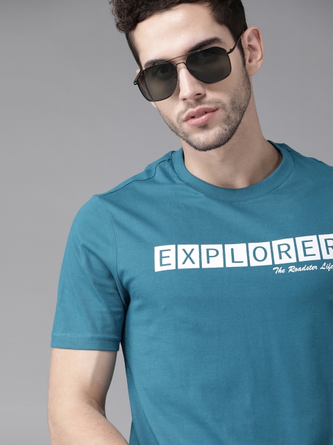 

The Roadster Lifestyle Co Men Teal Blue Pure Cotton Printed Round Neck Pure Cotton T-shirt