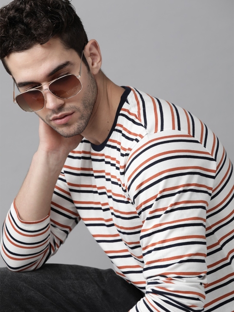 

The Roadster Lifestyle Co Men White & Rust Orange Striped Pure Cotton Round Neck T-shirt