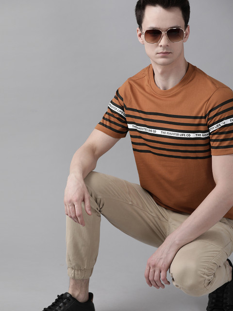 

Roadster Men Mustard Brown & Black Cotton Brand Logo Detail Striped Round Neck T-shirt