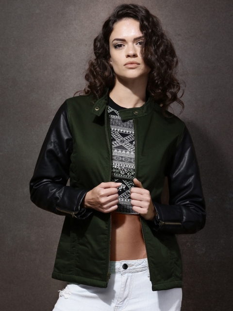 

Roadster Olive Green & Black Colourblocked Jacket