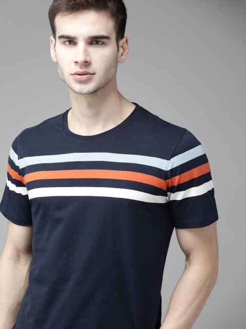 

The Roadster Lifestyle Co Men Navy Blue White Striped Round Neck Pure Cotton T-shirt