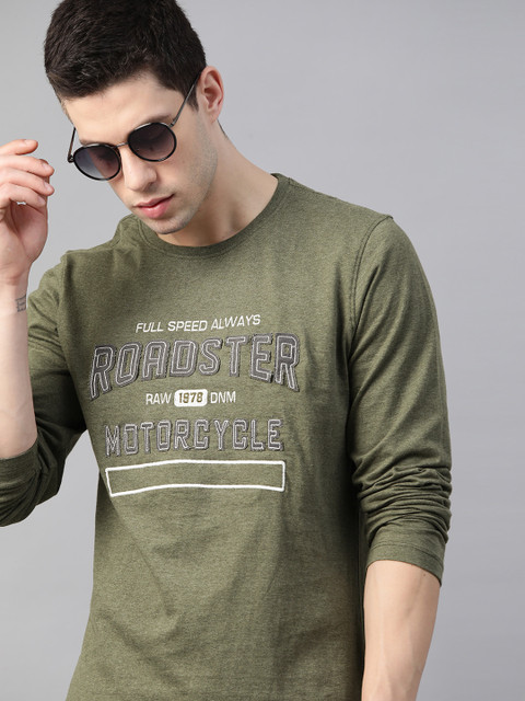 

Roadster Men Olive Green Pure Cotton Brand Logo Applique T-shirt