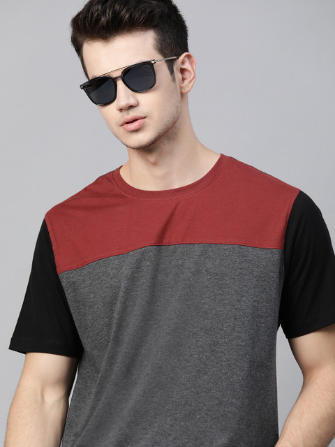 

The Roadster Lifestyle Co Men Grey Melange Maroon Colourblocked Pure Cotton T-shirt