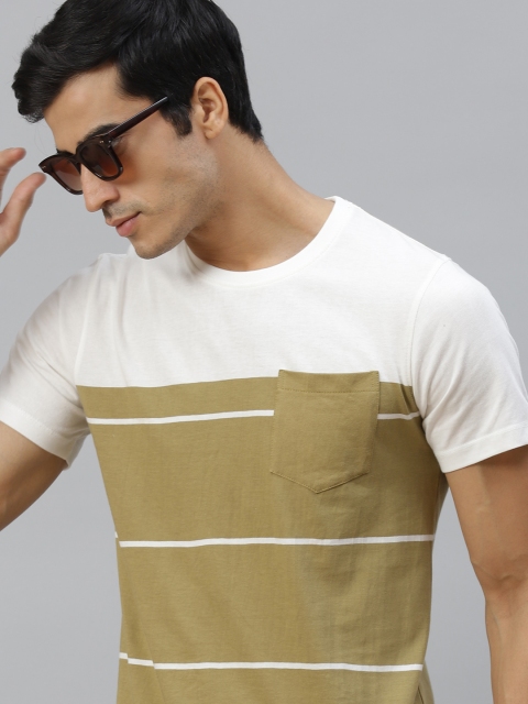 

Roadster Men Olive Green White Colourblocked Pure Cotton T-shirt