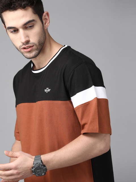 

Roadster Men Black Rust Orange Colourblocked Round Neck Pure Cotton T-shirt