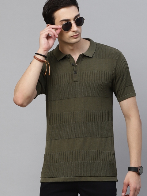 

The Roadster Lifestyle Co Men Olive Green Pure Cotton Self Striped Polo Collar Pure Cotton T-shirt