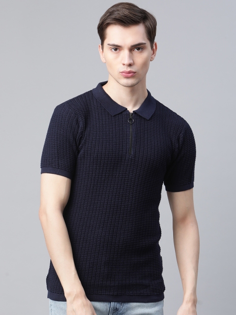 

Roadster Men Navy Blue Cotton Stretchable Spread Collar Pure Cotton T-shirt