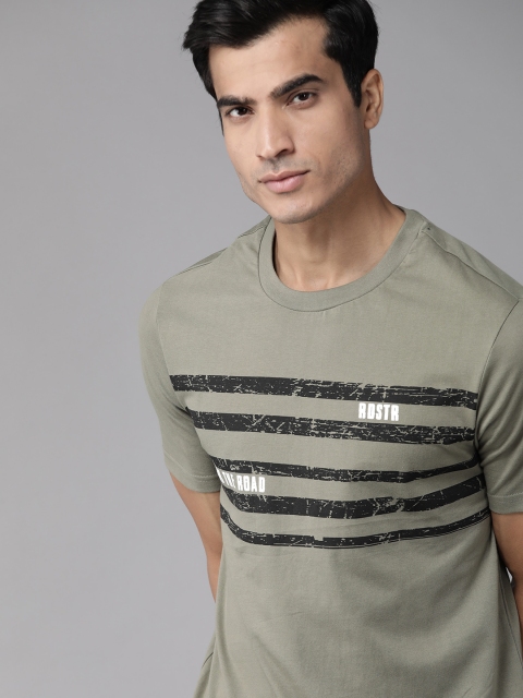 

Roadster Men Green & Black Striped Cotton Round Neck T-shirt