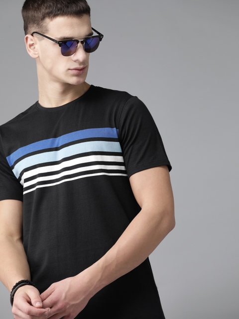 

Roadster Men Black & Blue Pure Cotton Striped Round Neck T-shirt