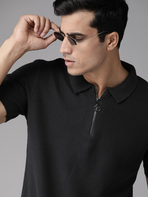 

The Roadster Lifestyle Co Men Black Self Design Pure Cotton Polo Collar Pure Cotton T-shirt