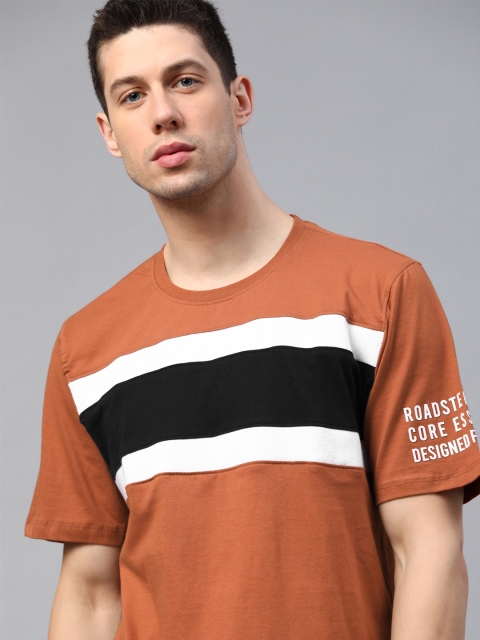 

The Roadster Lifestyle Co Men Rust Brown Black Striped Pure Cotton T-shirt