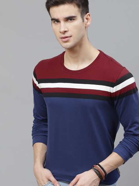 

The Roadster Lifestyle Co Men Blue Red Pure Cotton Striped Round Neck Pure Cotton T-shirt