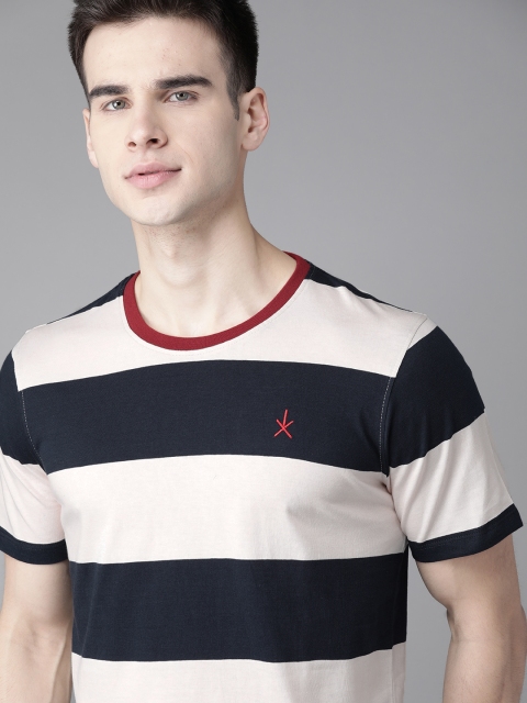 

The Roadster Lifestyle Co Men Cream-Coloured Navy Blue Striped Round Neck Pure Cotton T-shirt