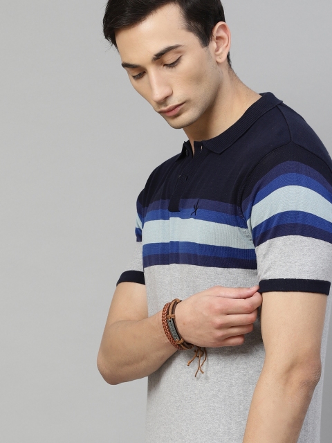 

The Roadster Lifestyle Co Men Grey Blue Pure Cotton Striped Polo Collar Pure Cotton T-shirt