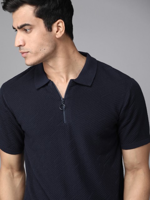 

The Roadster Lifestyle Co Men Navy Blue Pure Cotton Self Design Polo Collar T-shirt