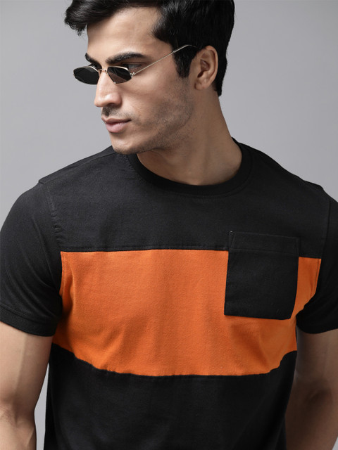 

The Roadster Lifestyle Co Men Black Orange Colourblocked Round Neck Pure Cotton T-shirt