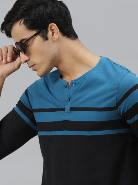 

Roadster Men Blue Black Colourblocked Pure Cotton Henley Neck Pure Cotton T-shirt