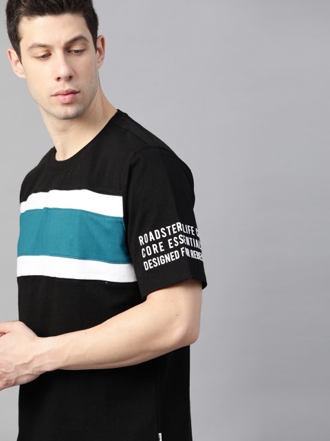 

Roadster Men Black & Blue Striped Cotton T-shirt