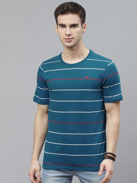 

The Roadster Lifestyle Co Men Blue White Pure Cotton Striped Round Neck Pure Cotton T-shirt