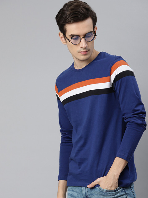 

Roadster Men Blue Cotton Striped Detail Round Neck Pure Cotton T-shirt