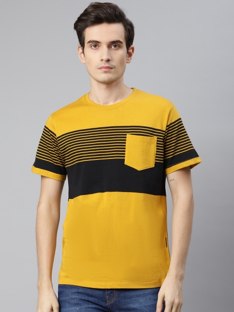 

The Roadster Lifestyle Co Men Yellow Black Pure Cotton Striped Round Neck Pure Cotton T-shirt