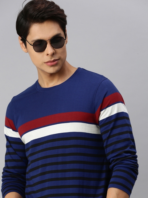 

The Roadster Lifestyle Co Men Blue Black Striped Pure Cotton T-shirt