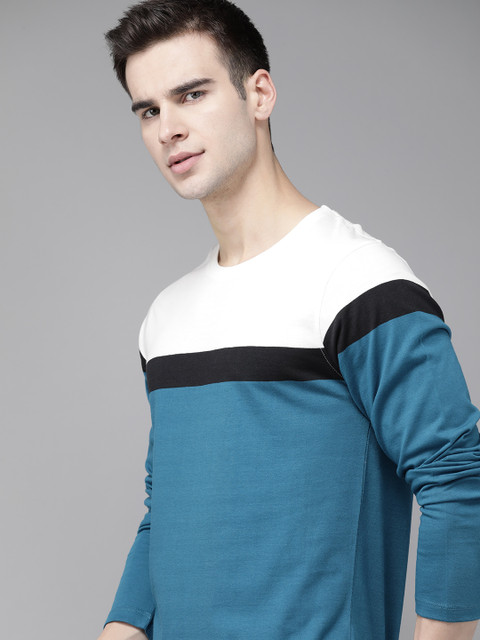 

Roadster Men Teal Blue & White Pure Cotton Colourblocked Round Neck T-shirt