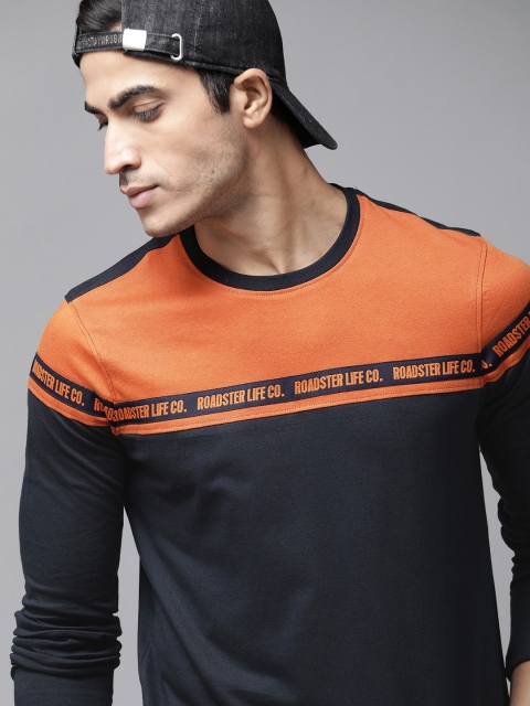 

Roadster Men Navy Blue & Orange Colourblocked Pure Cotton Round Neck T-shirt